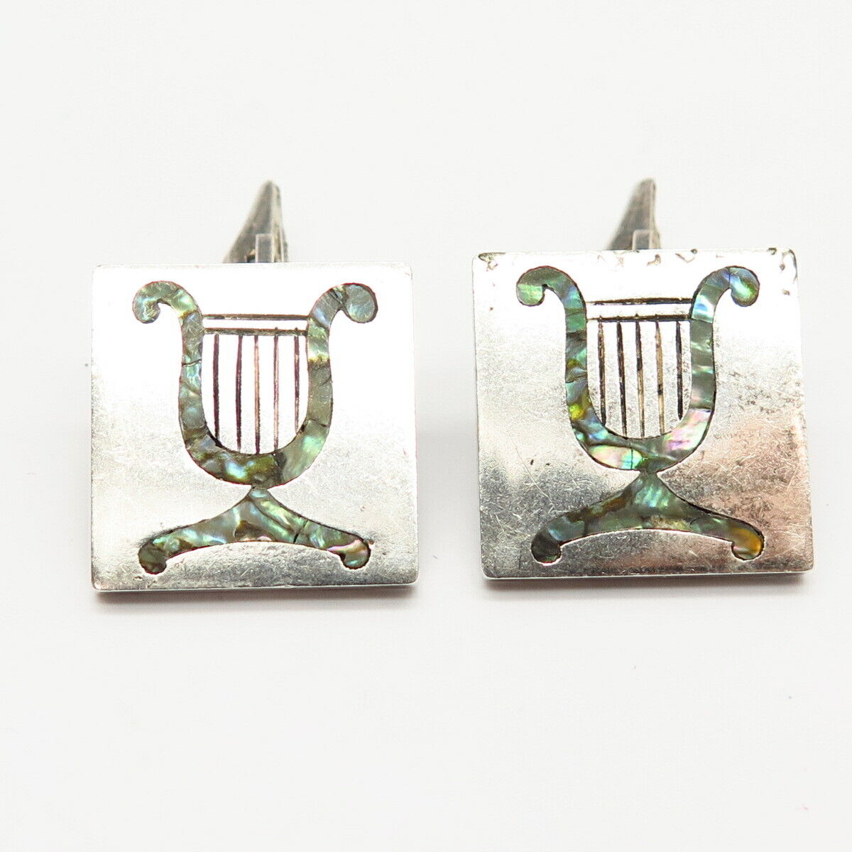 925 Sterling Silver Vintage Mexico Real Abalone Shell Harp Design Cufflinks