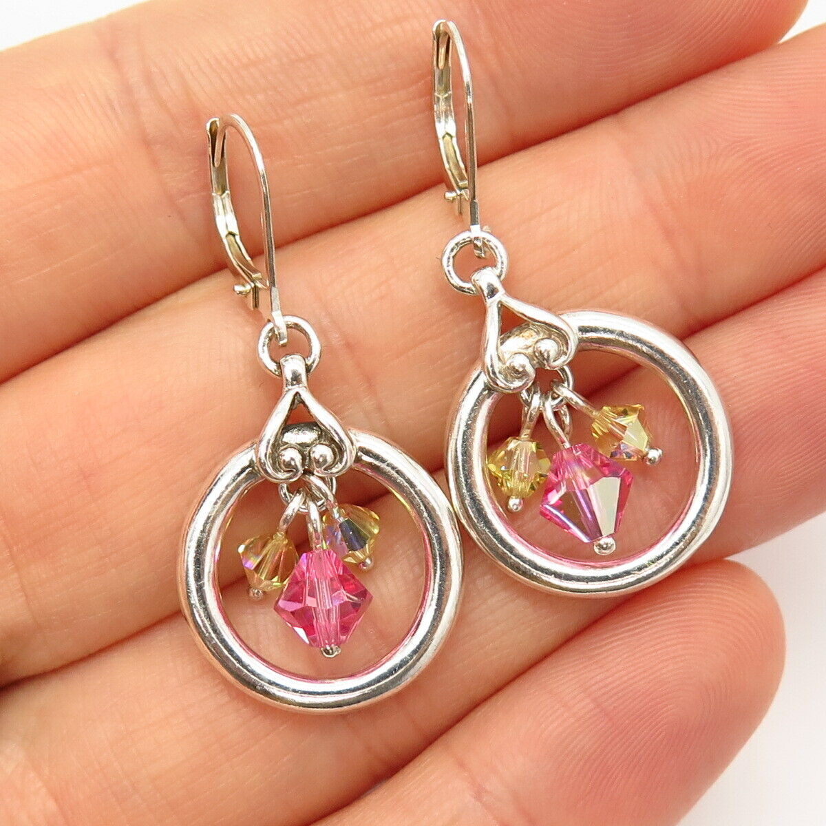 925 Sterling Silver Citrine & Pink C Z Round Dangling Earrings