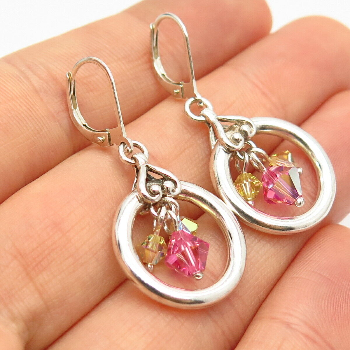 925 Sterling Silver Citrine & Pink C Z Round Dangling Earrings