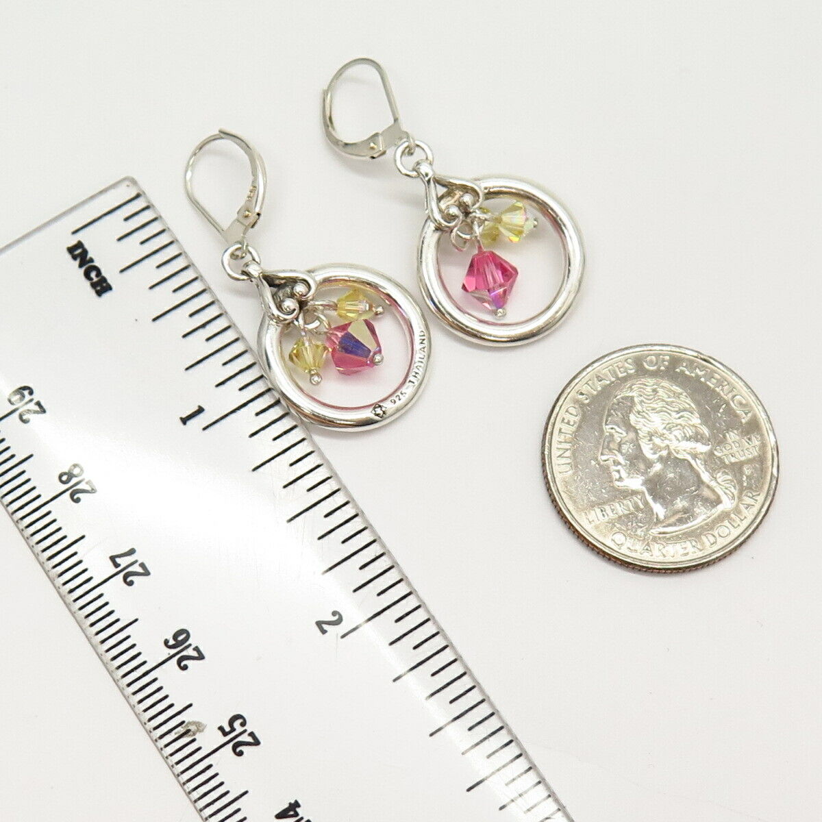 925 Sterling Silver Citrine & Pink C Z Round Dangling Earrings