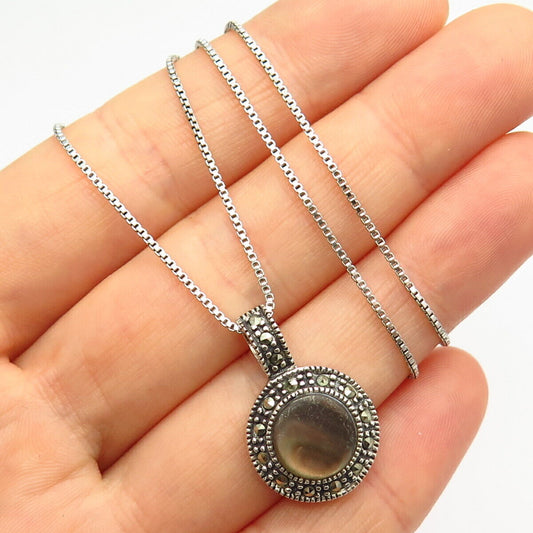 925 Sterling Italy MOP & Marcasite Gem Round Pendant Box Chain Necklace 16"