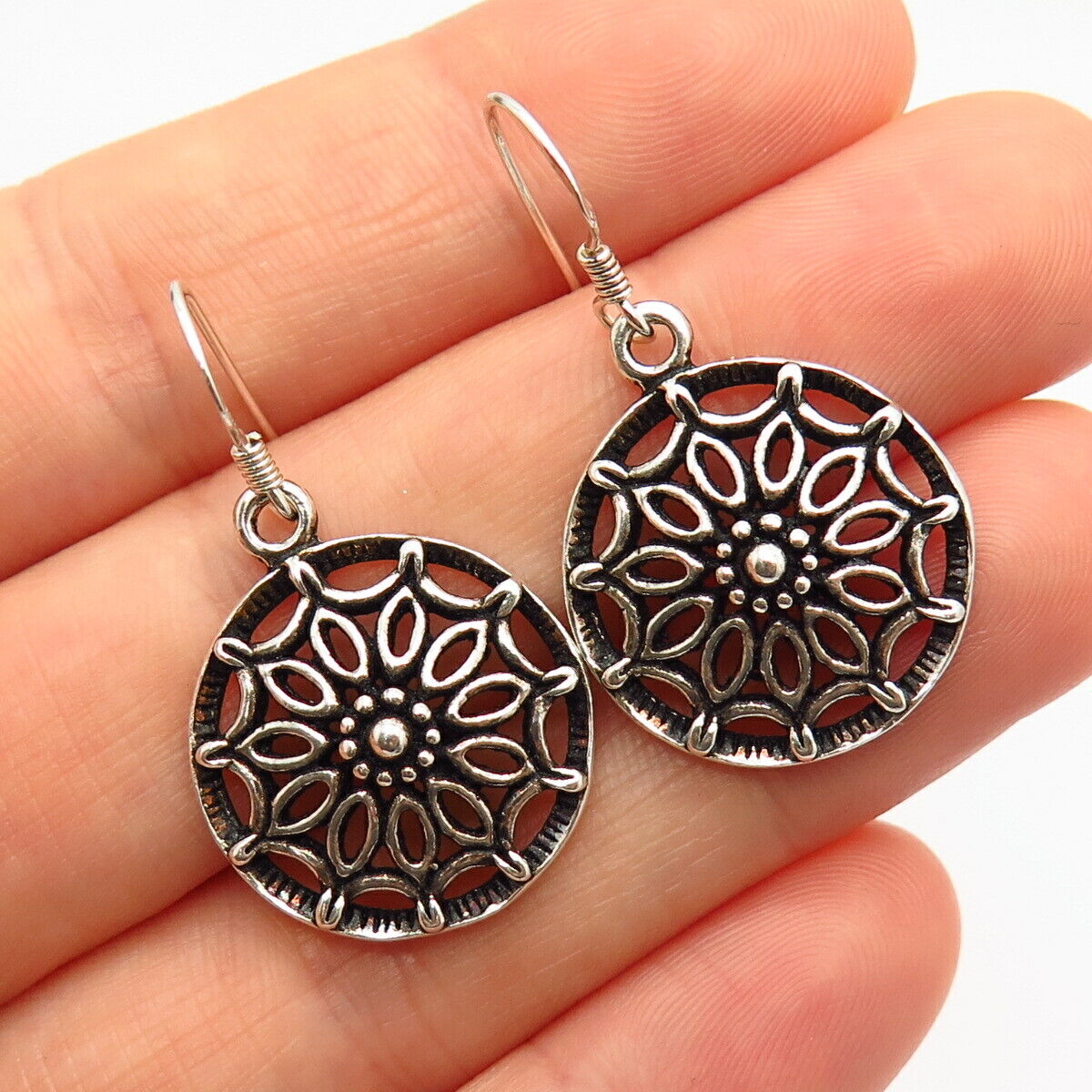 925 Sterling Silver Floral Round Dangling Earrings