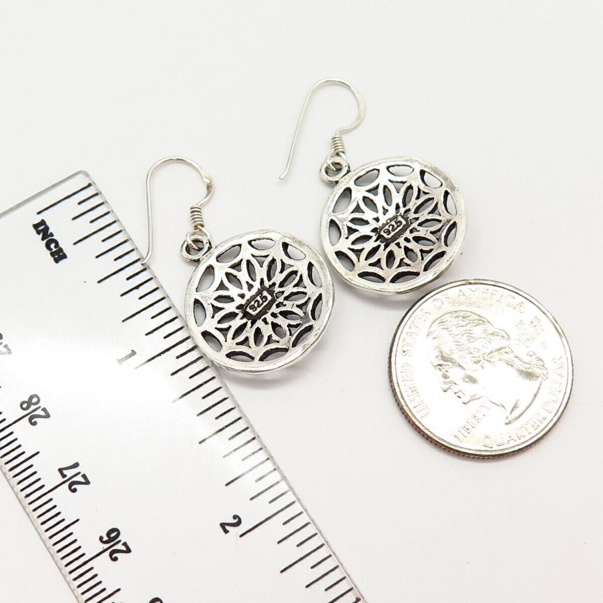 925 Sterling Silver Floral Round Dangling Earrings