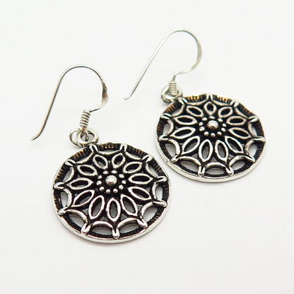 925 Sterling Silver Floral Round Dangling Earrings