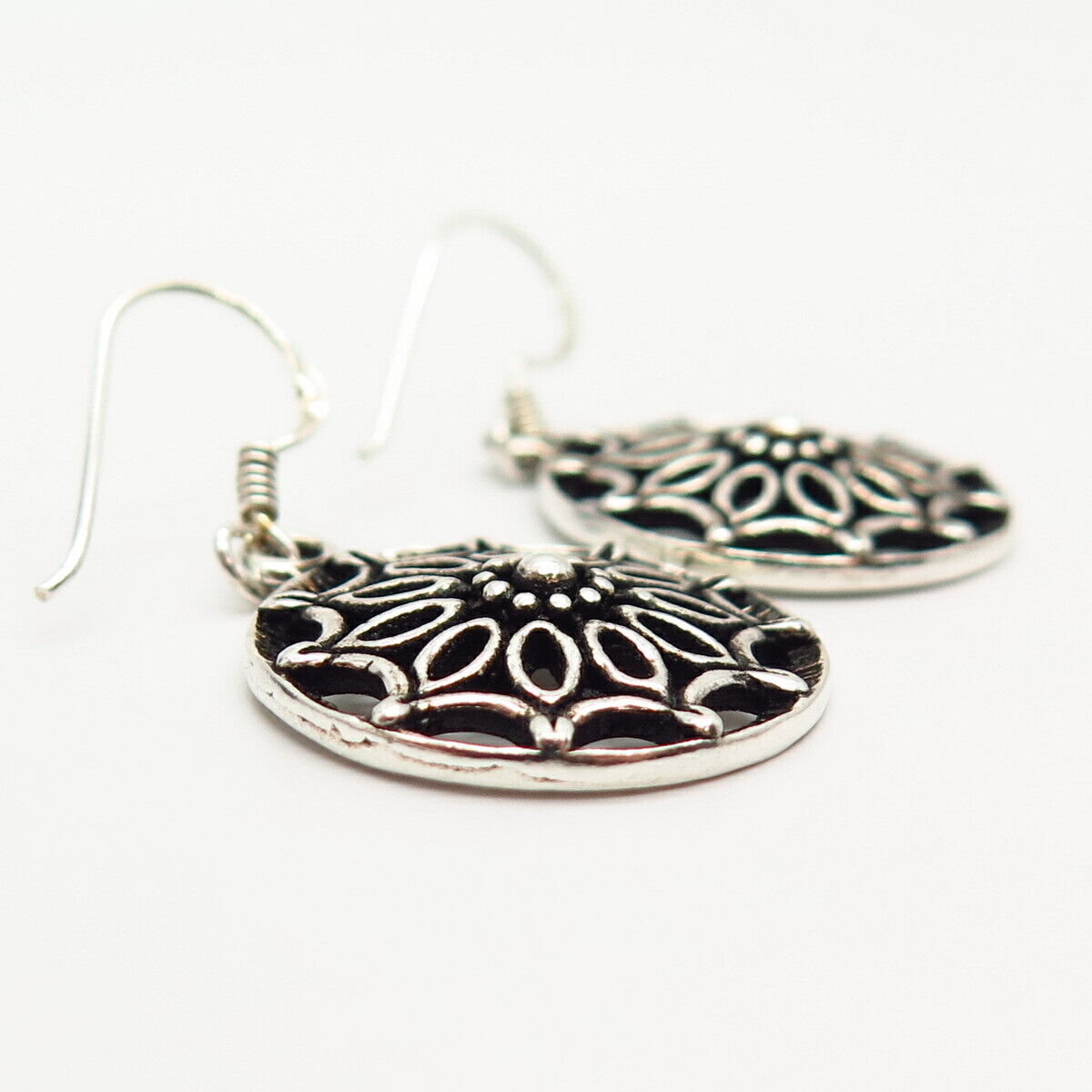 925 Sterling Silver Floral Round Dangling Earrings