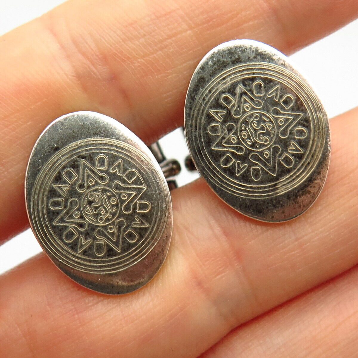 925 Sterling Silver Vintage Mexico Aztec Calendar Cufflinks