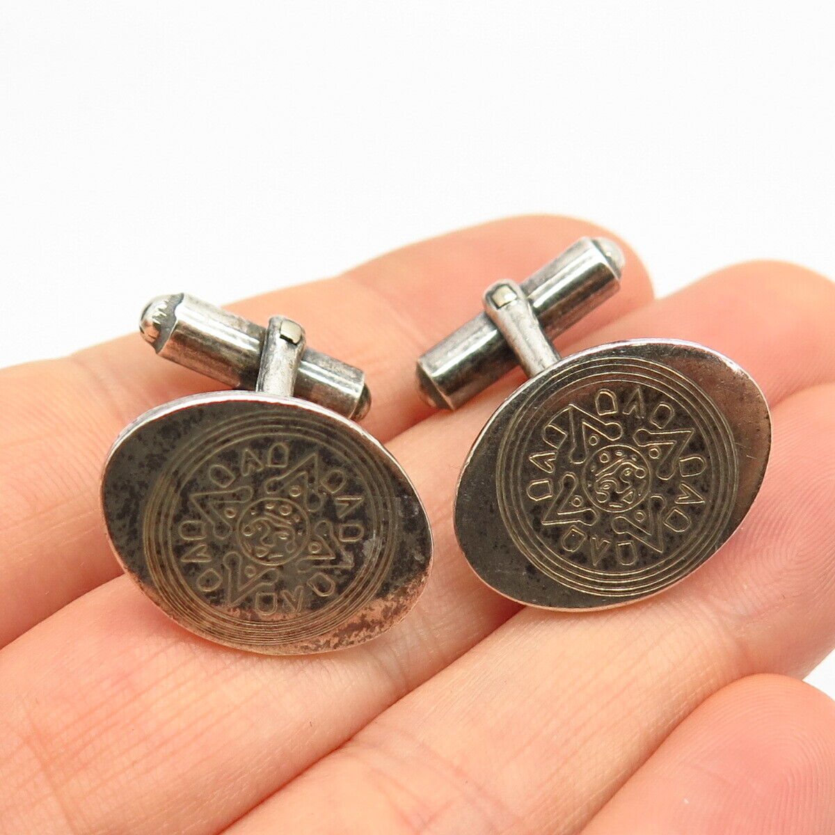 925 Sterling Silver Vintage Mexico Aztec Calendar Cufflinks