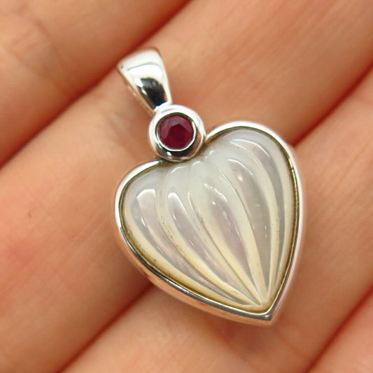 925 Sterling Silver Real Ruby Gem & Mother-of-Pearl Heart Slide Pendant