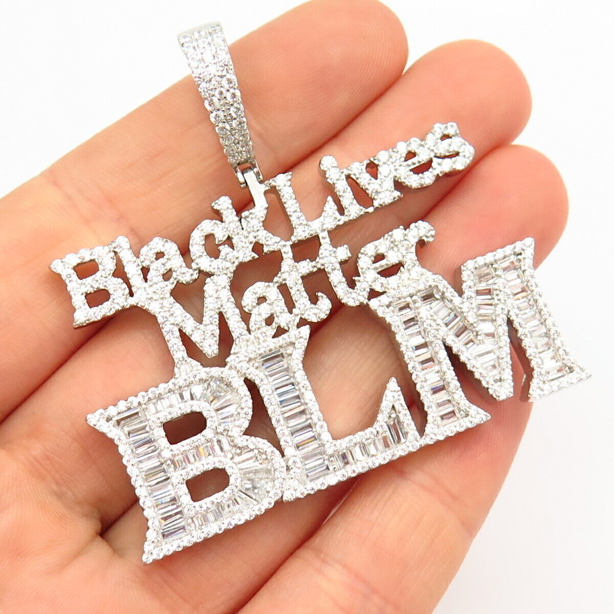 925 Sterling Silver Pave C Z "Black Lives Matter" / "BLM" Large Pendant