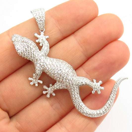 925 Sterling Silver Pave C Z Lizard / Gecko Large Pendant