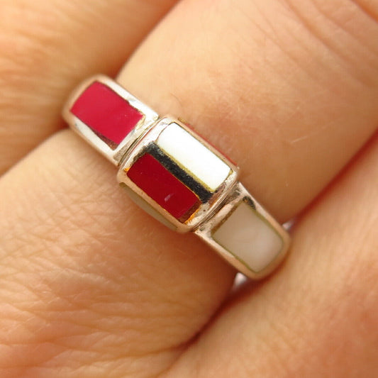 925 Sterling Silver Real Mother-of-Pearl & Coral Ring Size 7 3/4