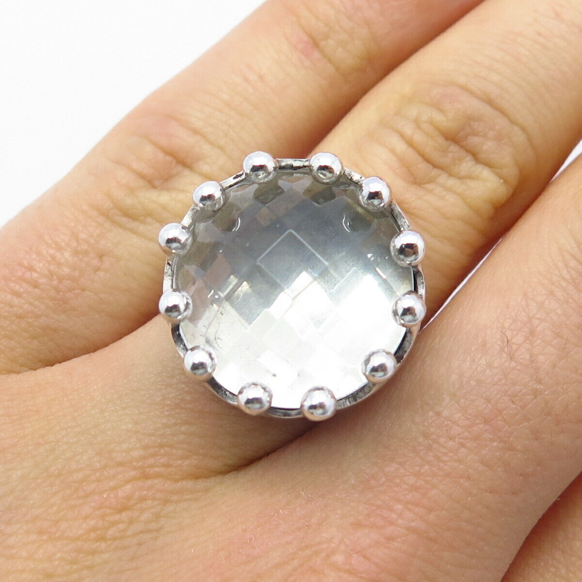 925 Sterling Silver Round-Cut Glass Wide Ring Size 5