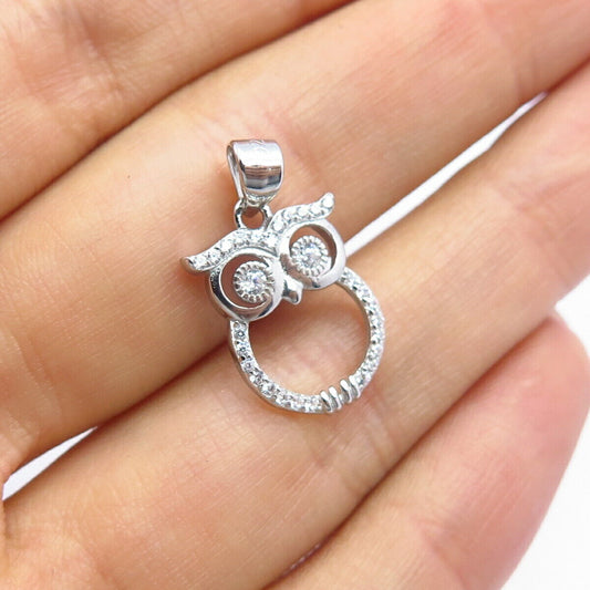 925 Sterling Silver Pave C Z Wise Owl Pendant