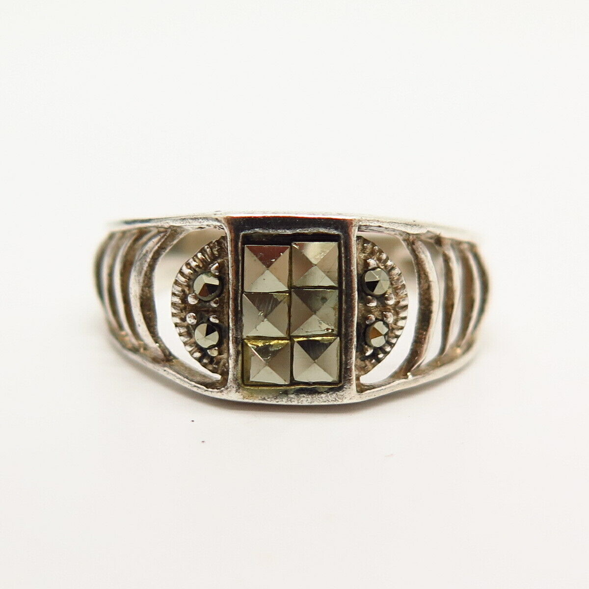 925 Sterling Silver Real Marcasite Gemstone Ring Size 6 3/4