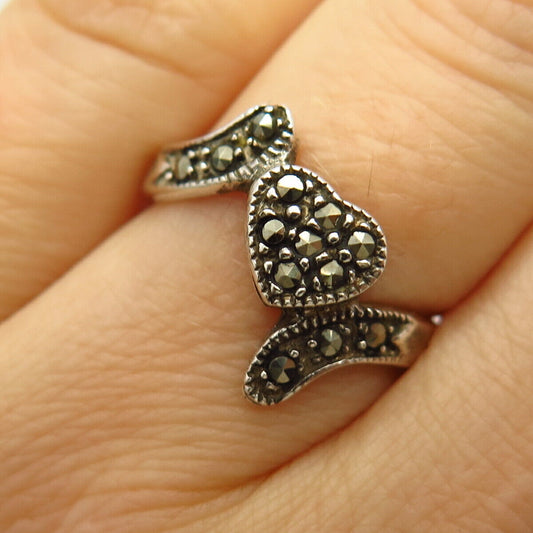 925 Sterling Silver Real Marcasite Gemstone Heart Ring Size 7