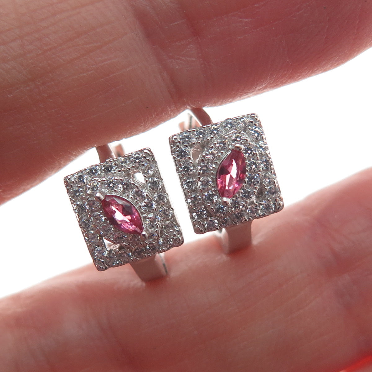 925 Sterling Silver Marquise-Cut Pink & Round-Cut White C Z Hoop Earrings