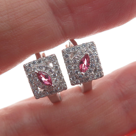 925 Sterling Silver Marquise-Cut Pink & Round-Cut White C Z Hoop Earrings