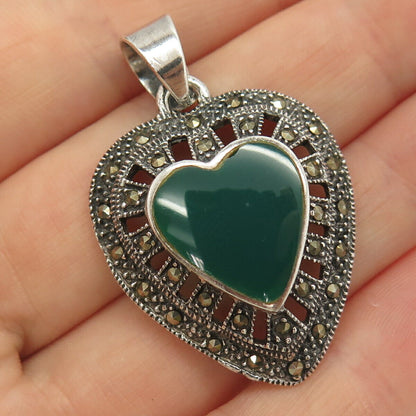 925 Sterling Silver Real Chalcedony & Marcasite Gemstone Heart Pendant