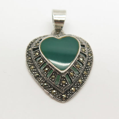 925 Sterling Silver Real Chalcedony & Marcasite Gemstone Heart Pendant