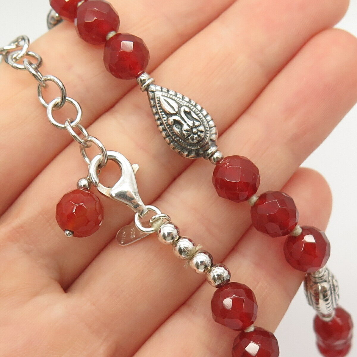 925 Sterling Silver Real Carnelian Gem Boho Ethnic Design Chain Necklace 19"