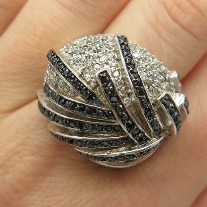 925 Sterling Silver White & Black C Z Domed Striped Wide Ring Size 7