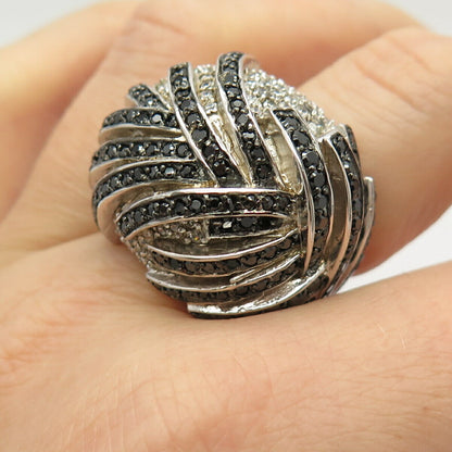 925 Sterling Silver White & Black C Z Domed Striped Wide Ring Size 7