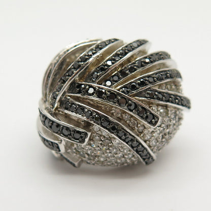 925 Sterling Silver White & Black C Z Domed Striped Wide Ring Size 7