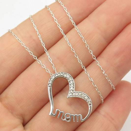 925 Sterling Silver Italy C Z "Mom" Open Heart Pendant Chain Necklace 19"