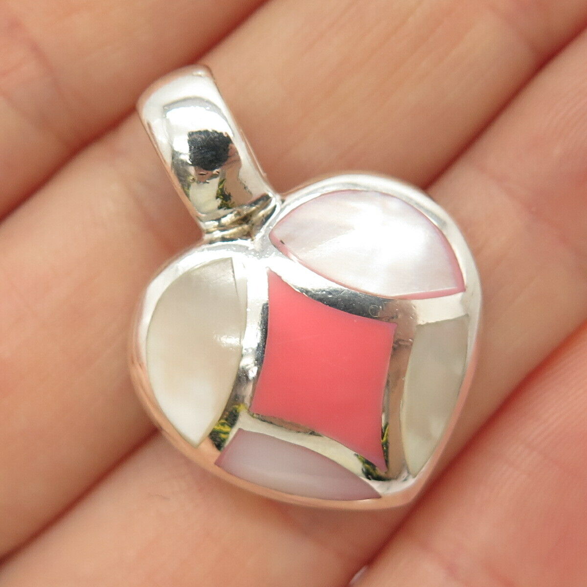 925 Sterling Silver Real Mother-of-Pearl & Coral Heart Pendant