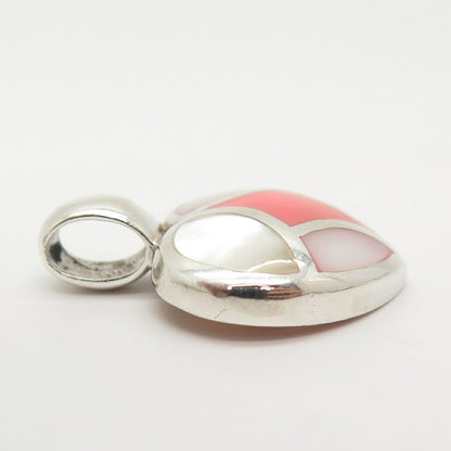 925 Sterling Silver Real Mother-of-Pearl & Coral Heart Pendant