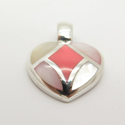 925 Sterling Silver Real Mother-of-Pearl & Coral Heart Pendant