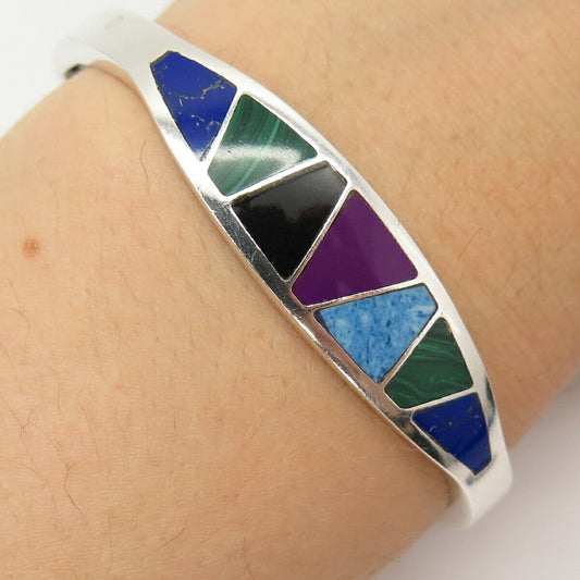 925 Sterling Silver Vintage Mexico Multi-Color Gem Hinged Bangle Bracelet 7 1/4"