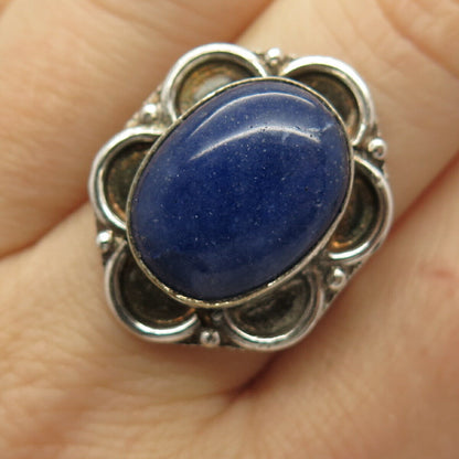 925 Sterling Silver Real Lapis Lazuli Gemstone Floral Ring Size 7 3/4