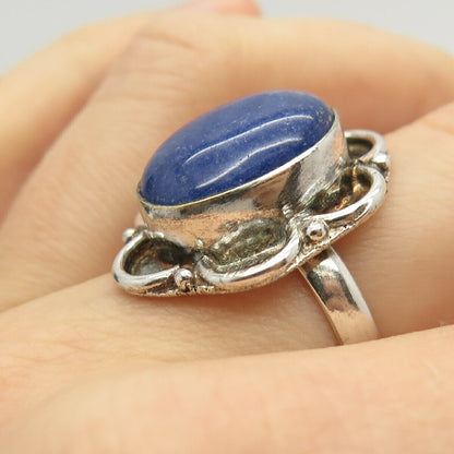 925 Sterling Silver Real Lapis Lazuli Gemstone Floral Ring Size 7 3/4