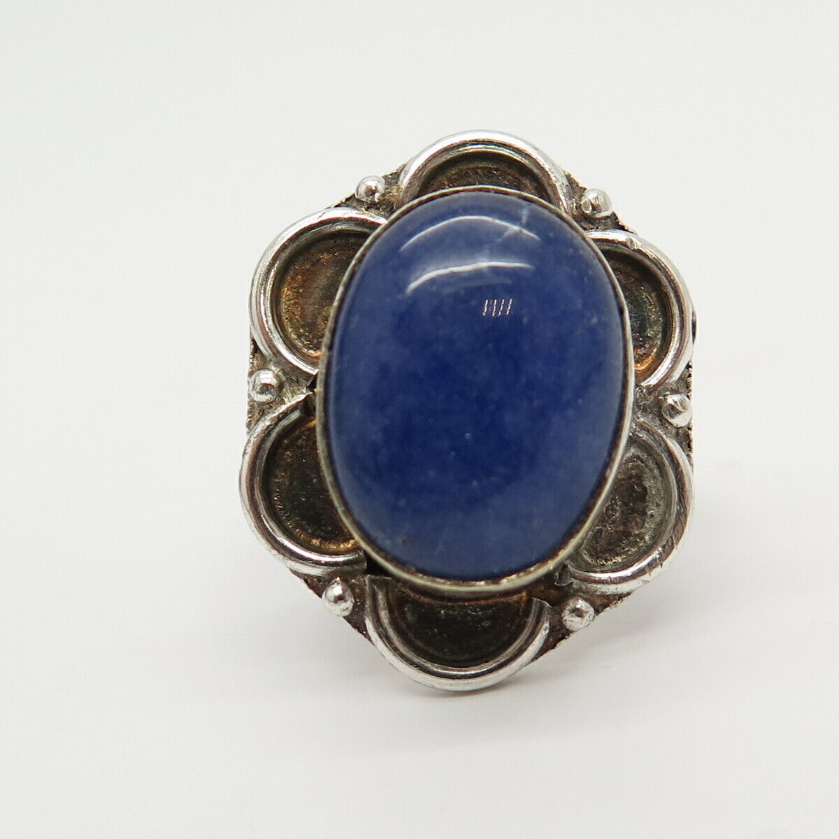 925 Sterling Silver Real Lapis Lazuli Gemstone Floral Ring Size 7 3/4