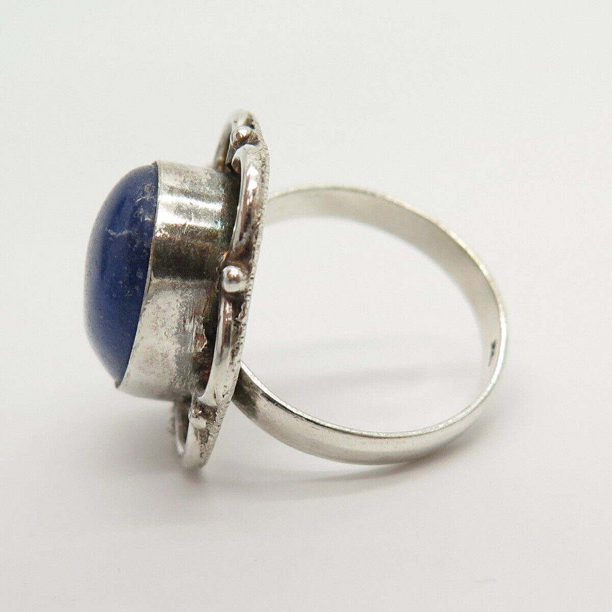 925 Sterling Silver Real Lapis Lazuli Gemstone Floral Ring Size 7 3/4