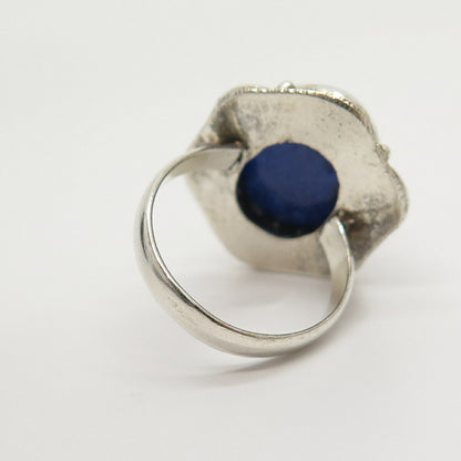 925 Sterling Silver Real Lapis Lazuli Gemstone Floral Ring Size 7 3/4