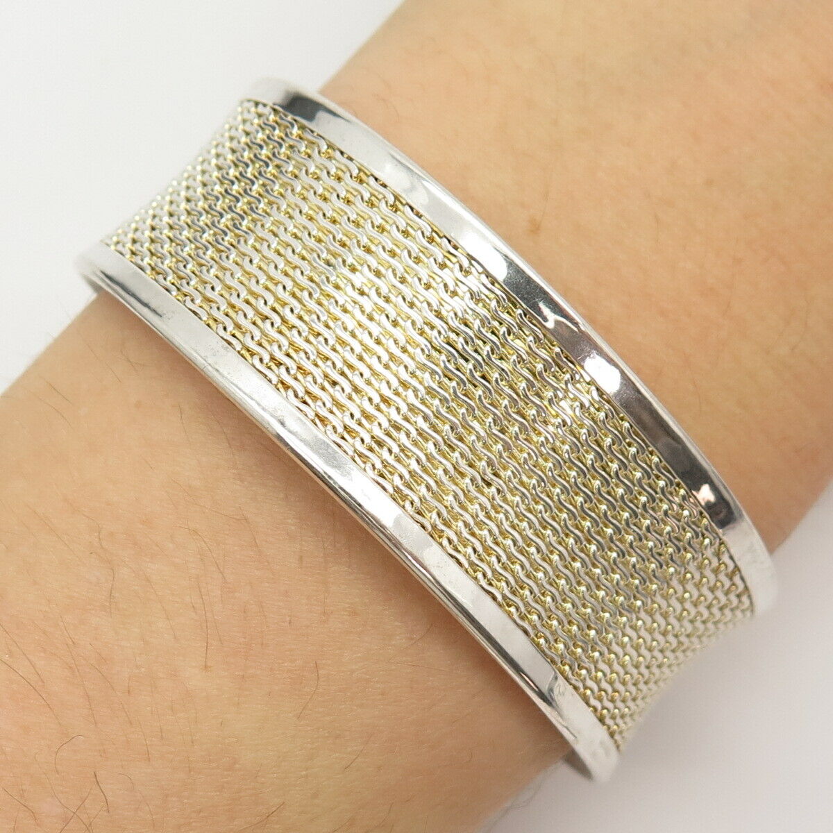 925 Sterling Silver 2-Tone Wicker Wide Cuff Bracelet 7"