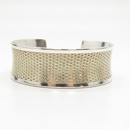 925 Sterling Silver 2-Tone Wicker Wide Cuff Bracelet 7"