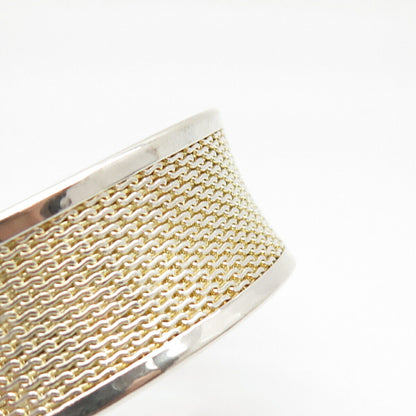 925 Sterling Silver 2-Tone Wicker Wide Cuff Bracelet 7"