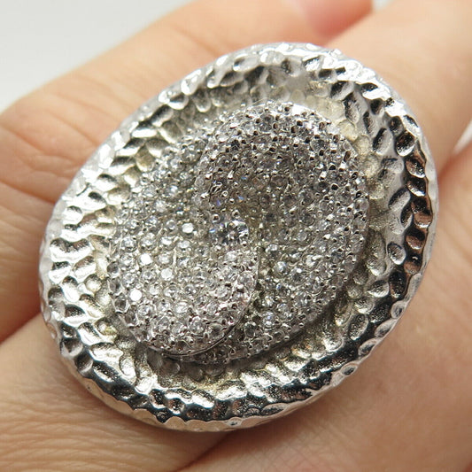 925 Sterling Silver Pave C Z Hammered Finish Wide Ring Size 6