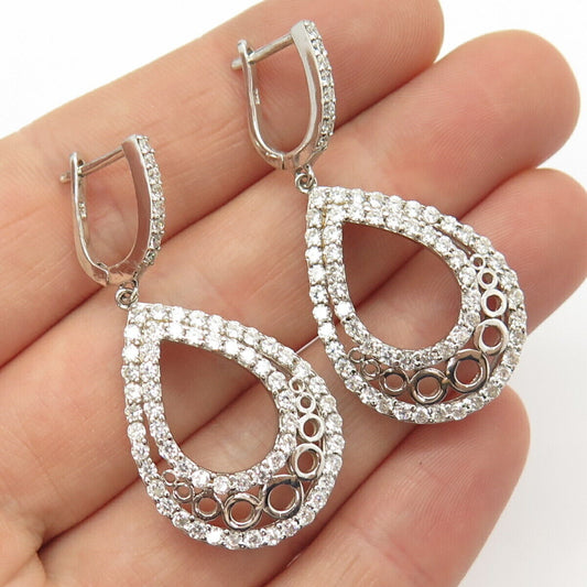 925 Sterling Silver Pave C Z Teardrop Design Dangling Earrings