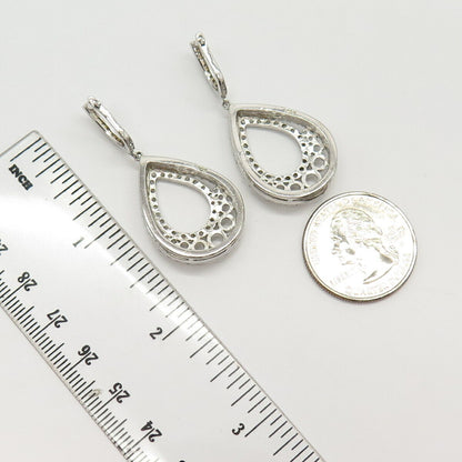 925 Sterling Silver Pave C Z Teardrop Design Dangling Earrings