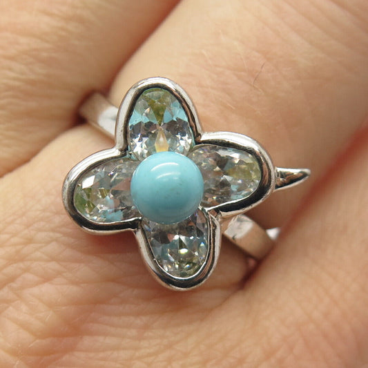 925 Sterling Silver Faux Turquoise & C Z Floral Ring Size 8 1/4