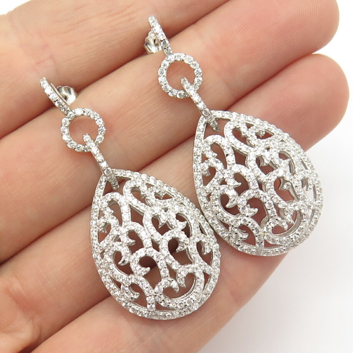 925 Sterling Silver Pave C Z Teardrop Design Dangling Earrings