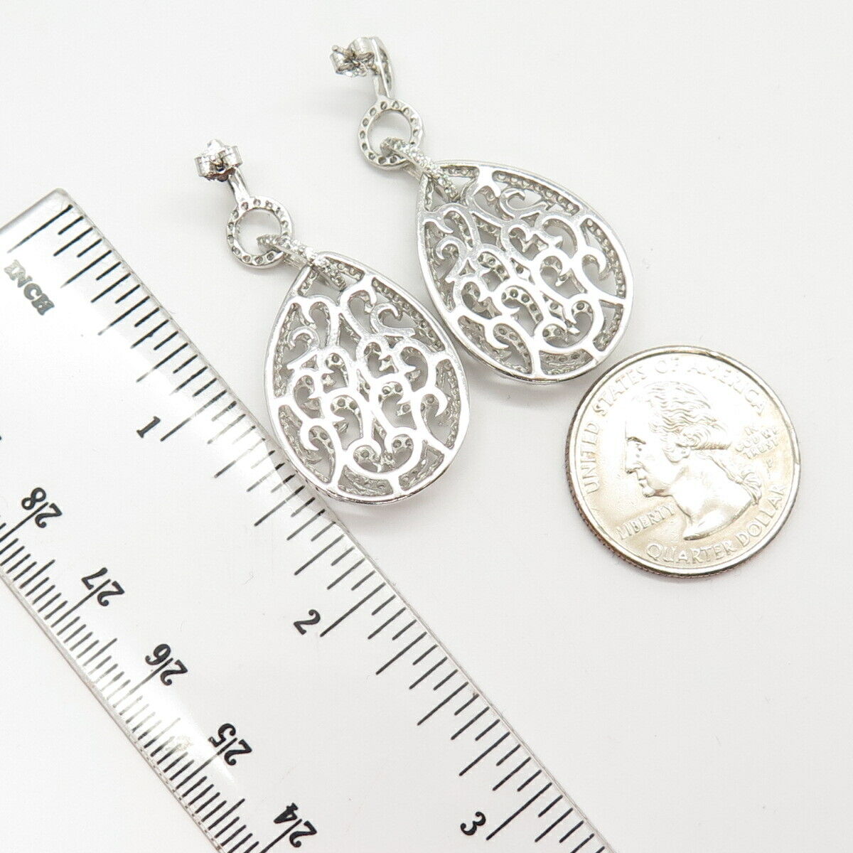 925 Sterling Silver Pave C Z Teardrop Design Dangling Earrings