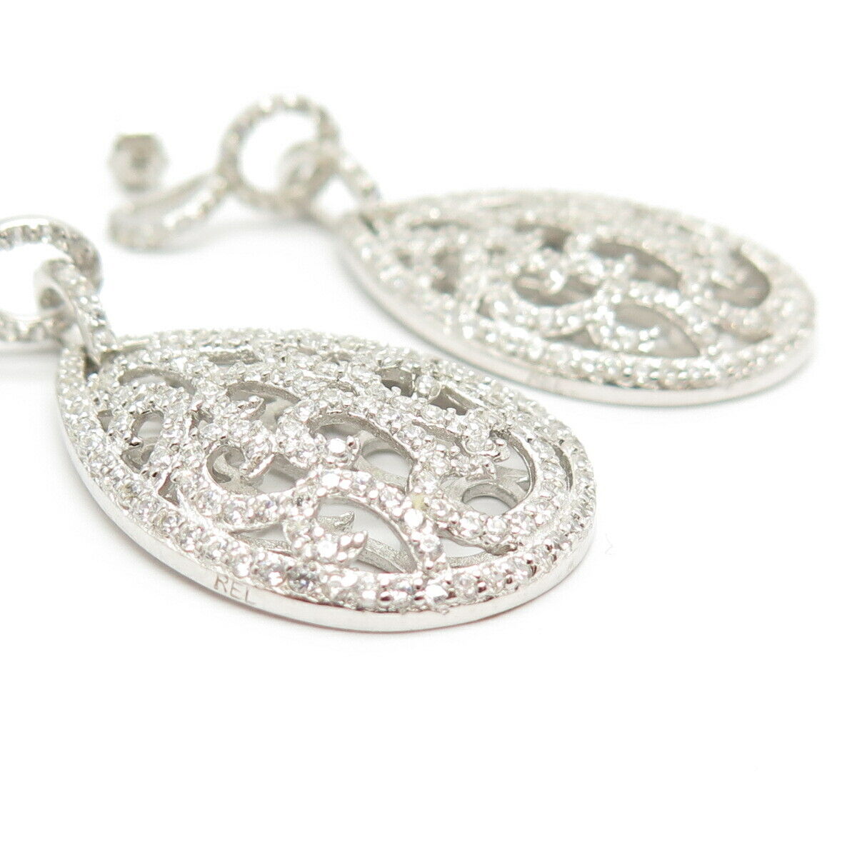 925 Sterling Silver Pave C Z Teardrop Design Dangling Earrings