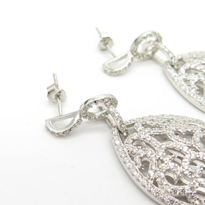 925 Sterling Silver Pave C Z Teardrop Design Dangling Earrings