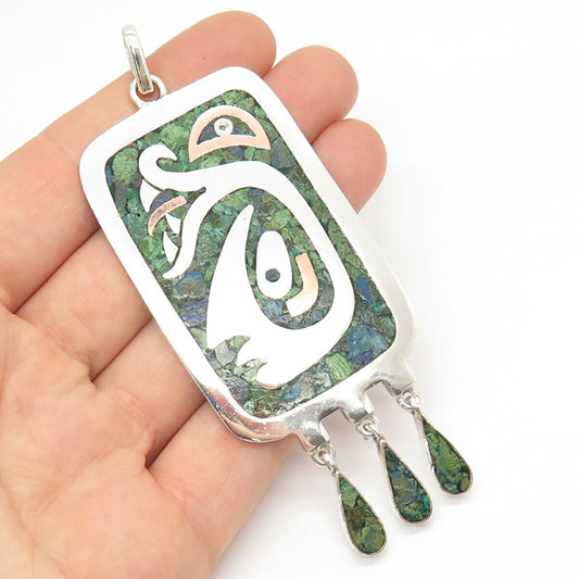 925 Sterling Silver 2-Tone Vintage Mexico Azurite Gem Inlay Tribal Large Pendant