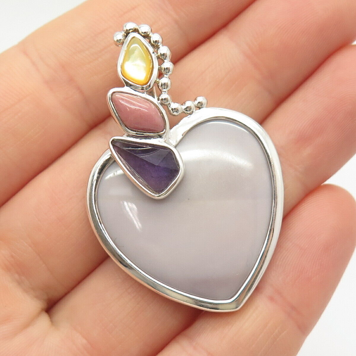 925 Sterling Silver Whitney Kelly Multi-Color Gem Mother-of-Pearl Heart Pendant